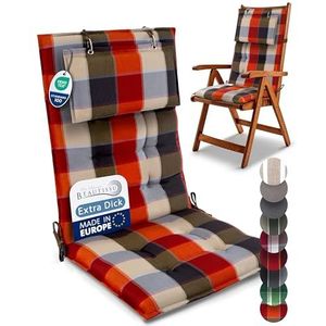 Beautissu Set van 4 Premium Hoge Rugleuning Kussen met Hoofdkussen 120x50 cm Sun-HL – UV-bestendig & 8cm Dik Kussen Tuinstoelkussen Antislip Bevestigingsbanden – Stevige Stof Oranje Beige geblokt