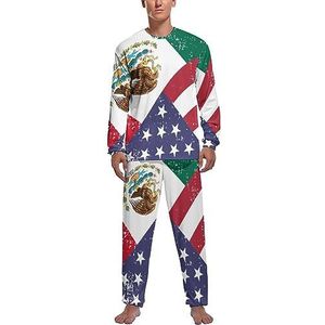 Vintage Amerikaanse Mexico vlag zachte heren pyjama set comfortabele lange mouw loungewear top en broek geschenken 2XL