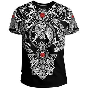 Noorse Mythologie Raven Tattoo T-shirt - Unisex Viking 3D Bedrukte Odin Fenrir Classic Harajuku Losse Korte Mouw - Zomer Vegvisir Tattoo Pagan Sports Top (Color : Wolf black, Size : XXL)