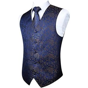 Enlision Men's Navy Blue Gilets Bruiloft Paisley Gilet and Tie Pocket Square Set Floral Feest Tuxedo Suit Vest S
