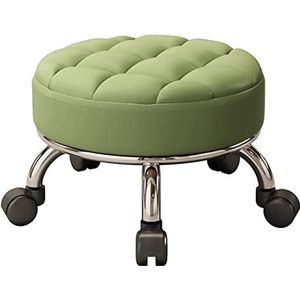Rolstoel lage kruk, ronde kruk met wielen Deze kruk met de gedempte zitting for meubelmontage, gemakkelijk rollend, lederen lage kleine krukken for thuisGrijs (kleur: WIT) (Color : Green)