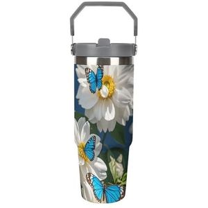 30 oz roestvrij staal geïsoleerde beker met klapdeksel en rietje, lekvrije reismok voor auto, witte bloemen blauwe vlinders, dubbelwandige vacuüm thermische koffiekop met handvat, morsbestendig
