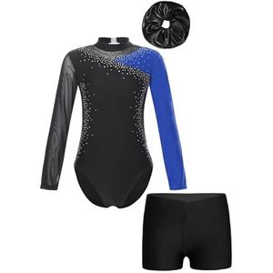 NUOYIXUAN Gymnastiekpak voor meisjes, schaatspak met lange mouwen met kleurblokken, tutu voor kinderen, balletpak met shorts, blauw, 14