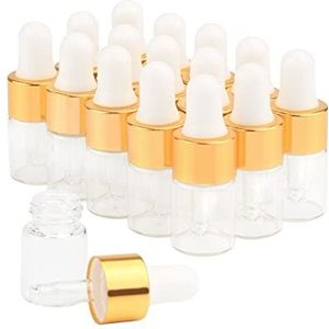 15Pcs Glazen Essentiële Olie Flessen Kleine Clear Parfum Dropping Fles Hervulbare Cosmetische Monster Flesjes Pot met Gouden Cap en Witte Latex, Transparant, 2ml