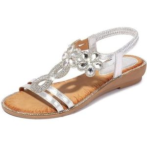 Xytraiihw Sandalen Dames Zomer, Elegante Platte Strass Schoenen Comfortabele Zachte Zool Sandalen Elastische Band Slingback Strandschoenen Grote Maat Slippers,Zilver,36 EU