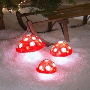 Lights4fun Set van 3 LED acryl paddenstoelen voor binnen en buiten, kerstfiguur, kerstdecoratie, wit, kerstverlichting voor buiten