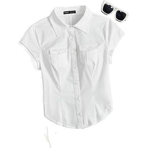 dames topjes Shirt met klepzak en knopen aan de voorkant (Color : Wei�, Size : L)
