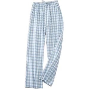 Katoenen Geruite Pyjamabroek Dames, Lange Damespyjamabroek Met Zakken En Trekkoord, Loungebroek Met Wijde Pijpen Broek Yogabroek Loungewear,Blauw,M