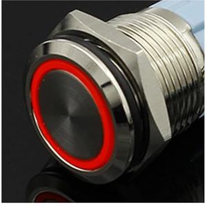 Waterdichte metalen drukknop, 12/16/19/22 mm, LED-licht, kortstondige vergrendeling, automotor stroomschakelaar, 5 V, 12 V, 24 V, 220 V, rood, blauw (kleur: rode cirkel, maat: