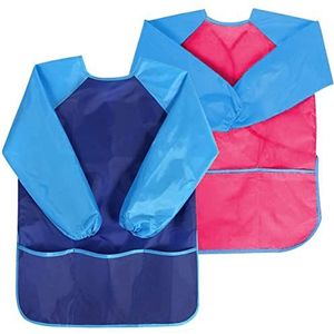 XCOZU 4 Stuks Kinderschort Met Zakken, Verstelbare Kinderschorten Voor Koken Kind Schort Peuter Kids Schort Meisjes Jongens Chef Schort Set Voor Bakken Art School 62x46cm Rood Groen Oranje Blauw