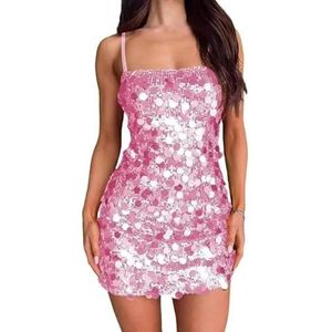 Feestjurk, jurk voor dames, meisjes, sexy, pailletten, bodycon, mini-jurk voor dames, glitterjurk, mouwloos, blote rug, clubfeestjurk, glanzend, M, roze