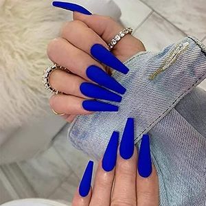 Coffin False Nails Long Fake Nails Ballerina Acrylic Press on Nails Pure Color Stick on Nails 24pcs for Women and Girls(Royal blue)