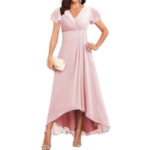 WSEYU Korte Mouw Moeder Van De Bruid Bruidegom Jurken Chiffon Kralen Formele Avond Grootmoeder Jurken Thee Lengte ZM203, Blush Roze, 32