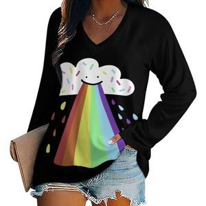 Rainbow Blast Casual T-shirts met lange mouwen voor dames, V-hals, bedrukte grafische blouses, T-shirt, tops, XL