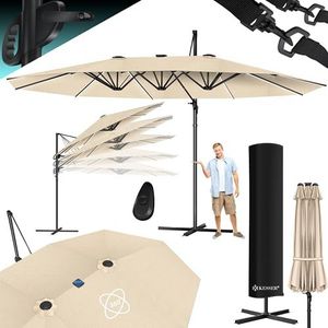 KESSER® Dubbele Parasol met LED-Verlichting 4,6m x 2,7m | Zweefparasol inclusief beschermhoes & Windscherm, zwengel en standaard | Kantelbaare Parasol aluminium 360° draaibaar & Waterafstotend Beige