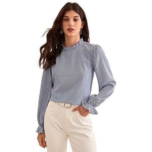 dames topjes Casual blouse met gestreepte print, ruches en volantmouwen (Color : Blue and White, Size : L)