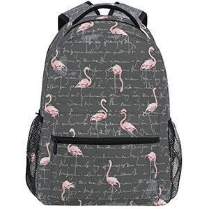 Roze Flamingo Engels Handschrift School Rugzak voor Meisjes Jongens Middelbare School Stijlvol Ontwerp Student Tassen Boekentassen, Patroon, 11.5×8×16In