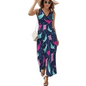 Kleurrijke pijlstaartrog patroon vrouwen lange jurk mouwloze maxi-jurk zonnejurk strand feestjurken avondjurken S
