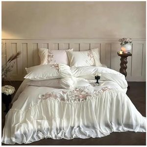 Kanten beddengoedhoes, Beddengoedset met borduurwerk van katoenen kant en ruches, 4 stuks in zilver en brons, verschillende maten(Sliver,Fitted Sheet 1.8mBed)