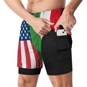 USA Italië Split Vlag Grappige Zwembroek met Compressie Liner & Pocket Voor Mannen Board Zwemmen Sport Shorts