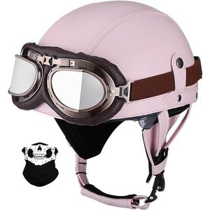 Duitse leren motorhelmen met DOT/ECE, vintage helmen met veiligheidsbril, retro jethelm, chopperhelm, scooterhelm, fietshelm, met zonneklep E,L=59-60CM