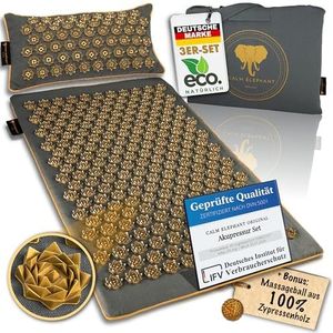 CALM ELEPHANT ORIGINAL® Luxe acupressuurmat met kussen, XL set, prikkelmat rug, verlicht spanningen, acupunctuurmat, kussen met warmtefunctie en tas, natuurlijk en duurzaam, grijs