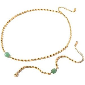 Groene natuursteen ovale gouden kralen armband ketting set 18K PVD vergulde mode dames sieraden (Style : JDN21269-GN)
