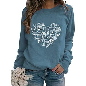 Womens Funny Reading Sweatshirt Long Sleeve Heart Pattern Shirts Graphic Crew Neck Book Lover Gifts Pullover Top