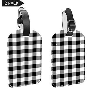 PU lederen bagagelabels naam ID-labels voor reistas bagage koffer met rug Privacy Cover 2 Pack,zwart en grijs geruite stof patroon