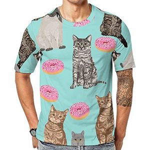 Cat And Donuts T-shirt voor heren, korte mouwen, grafisch T-shirt met ronde hals, print, casual T-shirt, tops, 2XL
