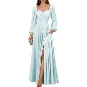 BRIGOW Damesjurken met lange mouwen, satijnen geplooide baljurk, A-lijn avondjurk met split BY031, Lichtblauw, 32