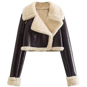 Warme Korte Winterjas for Dames, Gevoerd Met Imitatieleer en Kraag Met Omslag(Dark brown,XS)