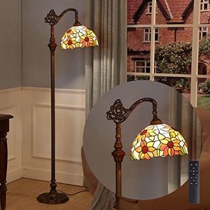 WRMING Tiffany Staande lamp voor woonkamer, zonnebloem, staande lamp van gekleurd glas, E27 leeslamp, vintage landelijke stijl, dimbaar, met afstandsbediening en 12W led-gloeilamp, instelbare hoek, a