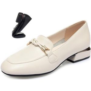 Chique & Comfy Effen Kleur Slip-On Lederen Loafers, Elegante Grove Hak Kantoor Schoenen Vierkante Toed Penny Loafers Lage Hak Jurk Schoenen, Beige, 35.5 EU