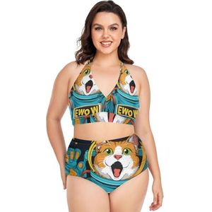 Cartoon Kat Astronaut Ruimte Vrouwen Bikini Sets Plus Size Badpak Twee Stukken Hoge Taille Strandkleding Meisjes Badpakken, Pop Mode, XXL