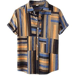 ERZU Heren Katoen Linnen Shirts Korte Mouw Zomer Bloemen Button Down Hawaiian Shirt Relaxed-Fit Vintage Casual Beach Tops