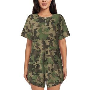 Groene camouflageprint dames zomer zachte tweedelige bijpassende outfits korte mouw pyjama lounge pyjama sets, Zwart, 4XL