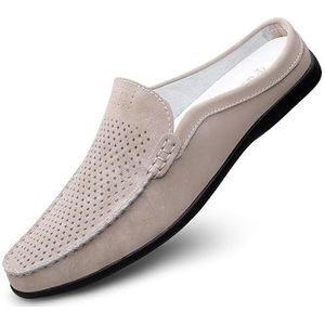 Heren loafers schoen uitgehold ademend lederen muilezels pantoffels flexibele lichtgewicht platte hak casual mode instappers (Color : Beige, Size : 39 EU)