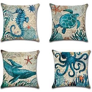 Blauwe ST TRADING Set van 4 Nautische Kussenhoezen 45x45 cm - Marine