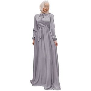 Hijab Satijn Jurk Ramadan Moslim Gewaad Dubai Turkse Arabische Afrikaanse Lange Jurk Vrouwen Islamitische Kleding Kaftan, Grijze satijnen jurk, M