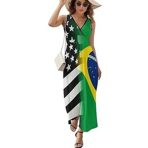 Zwart En Wit USA Braziliaanse Vlag Casual Maxi Jurk Voor Vrouwen V-hals Zomer Jurk Mouwloze Strandjurk M