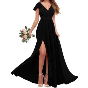 Chiffon bruidsmeisjes jurken met mouw - V-hals Empire taille plooi formele jurk, Zwart, 32