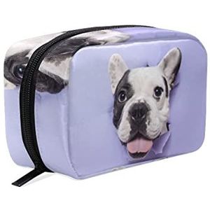 AJINGA Franse Bulldog schattig speelse witte zwarte huisdier paarse cosmetische tas rits toilettas dames vierkante make-up borstels tas