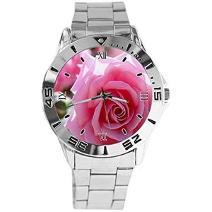 Roze Rose Bloemen Rozen Ontwerp Analoge Polshorloge Quartz Zilveren Wijzerplaat Klassieke Roestvrij Stalen Band Vrouwen Mannen Horloge, Zilver, 1.6""x1.6""x0.15"", armband