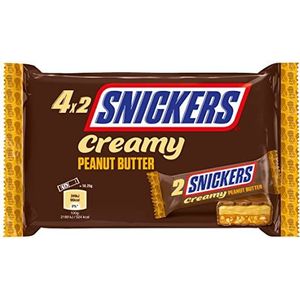 Snickers Creamy Peanut Boter melkchocolade gevuld met karamel en pinda's, verpakking à 4 dubbele repen, 4 x 36,5 g, 146 g, pindakaas, 1 stuk