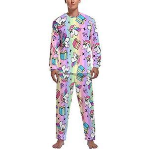 Kerst Fantastische Regenboog Eenhoorn Zachte Heren Pyjama Set Comfortabele Lange Mouw Loungewear Top En Broek Geschenken L