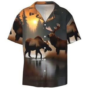 OdDdot Herten beer eland print herenoverhemden atletisch slim fit korte mouw casual business overhemd met knopen, Zwart, XXL