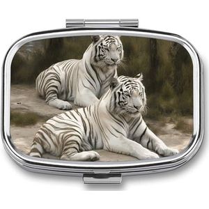 Witte Tijgers Pil Doos, 2 Compartiment Geneeskunde Pil Case, Draagbare Pil Organizer voor Pocket Of Portemonnee Decoratieve Metalen Geneeskunde Vitamine Organizer