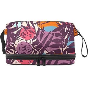Palm Tree Makeup Bag Double Layer Ruime Cosmetische Zakken voor Vrouwen en Meisjes Reizen Draagbare Toiletry Pouch met Rits, Meerkleurig, 27x15x14 cm/10.6x5.9x5.5 in, Make-up zakje