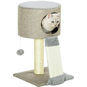 PawHut krabpaal kattenboom klimboom voor katten kattenhuis met grijze speelbal 30 x 30 x 50 cm